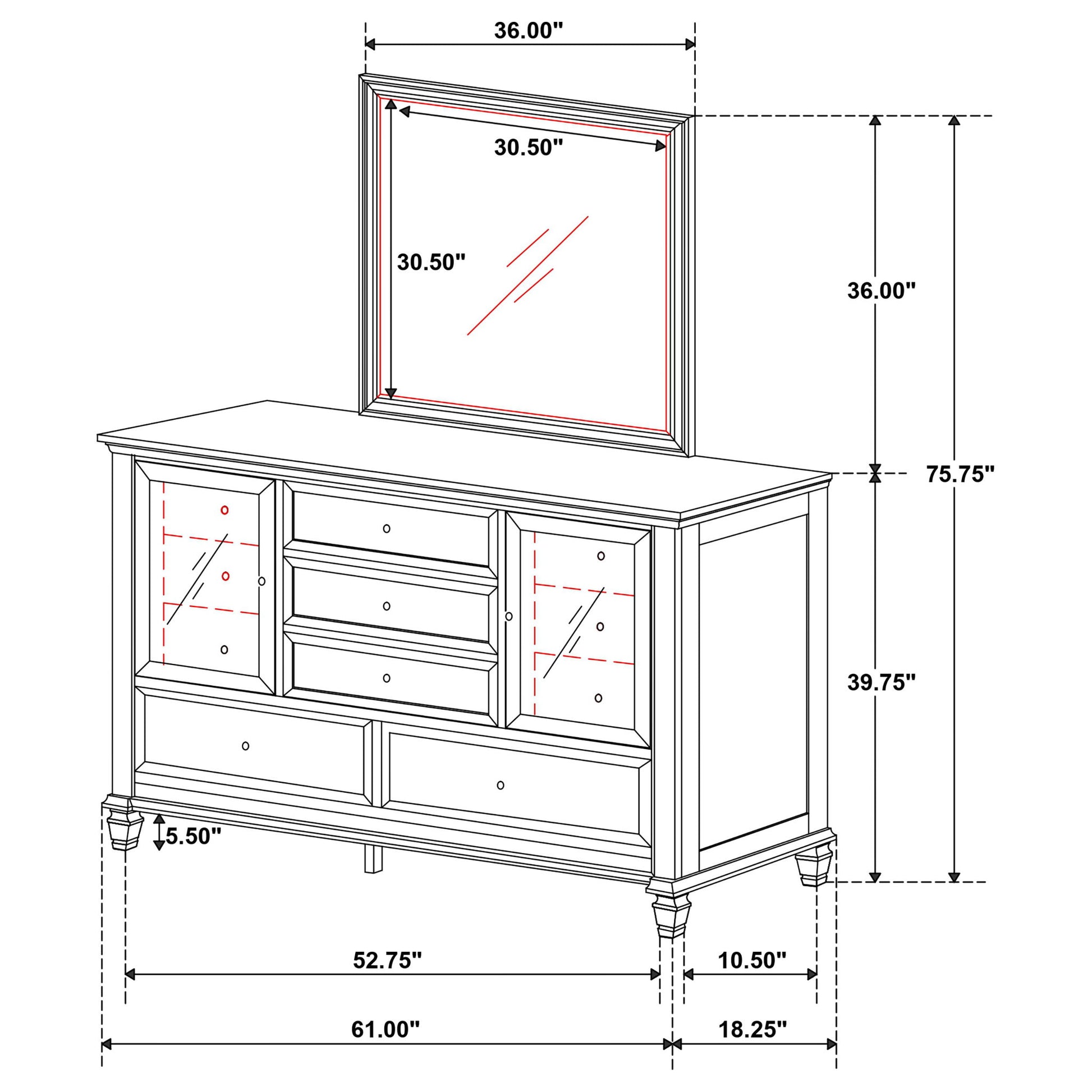 Dennis - 11 Drawer Dresser With Mirror - Cream White