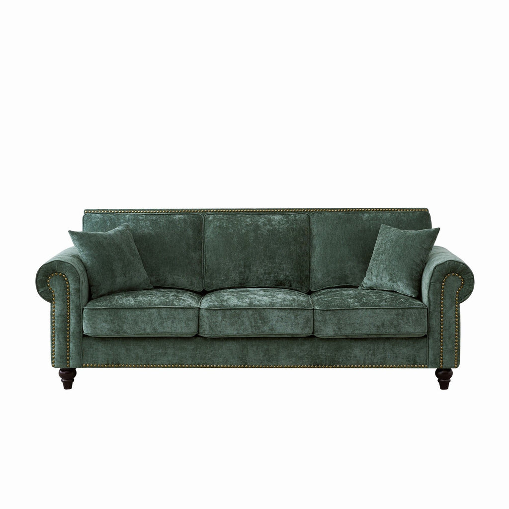 3 Seater Sofa With Tufted Upholstery, Rolled Arms, Nailhead Trim