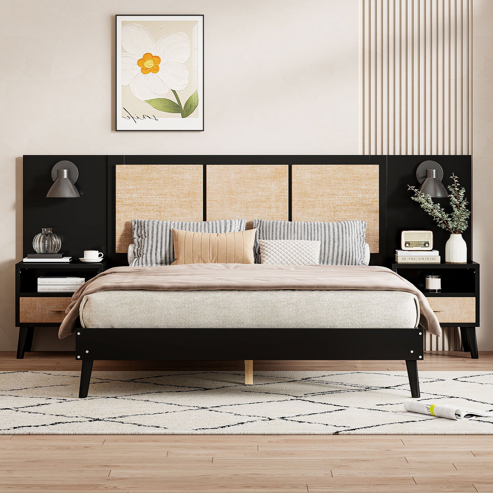 Bed Frame With 2 Nightstands Elegant Design With Lamps