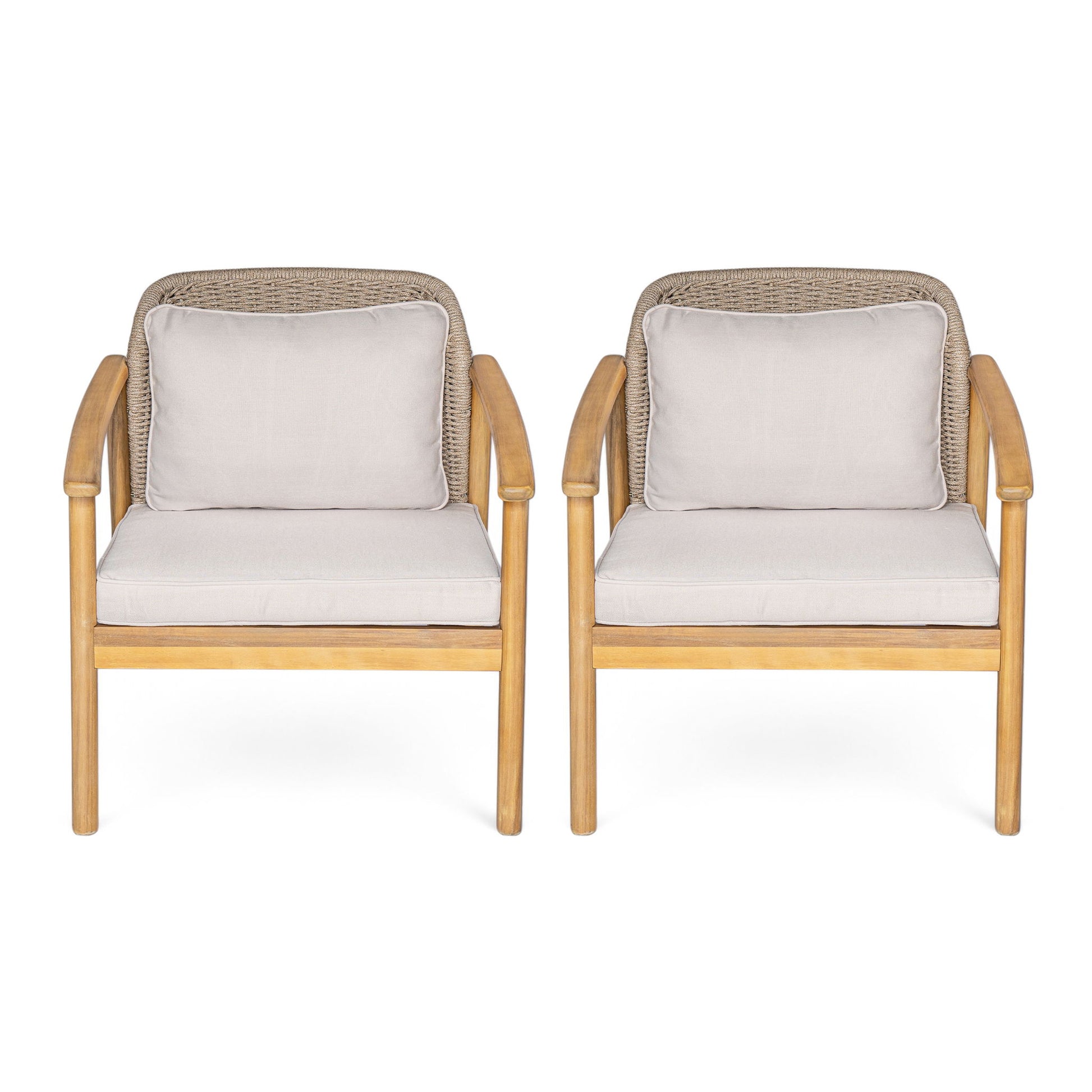 2 Piece Outdoor Acacia Wood Patio Club Chair, Patio Furniture Arm Chair With Woven Rope Backrest, Deep Seating For Porch - Light Teak / Beige