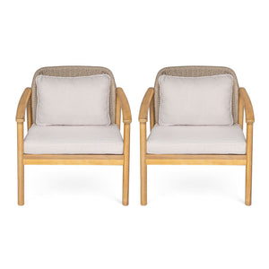 2 Piece Outdoor Acacia Wood Patio Club Chair, Patio Furniture Arm Chair With Woven Rope Backrest, Deep Seating For Porch - Light Teak / Beige