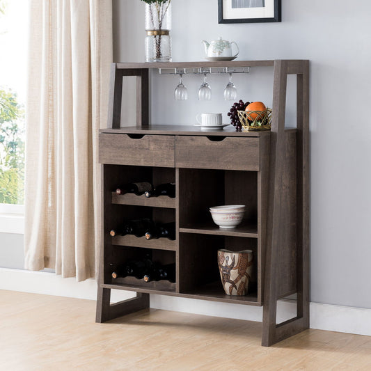 Wine Display Cabinet, Wine Rack With Multi Storage &Three Wine Bottle Compartments - Walnut Oak