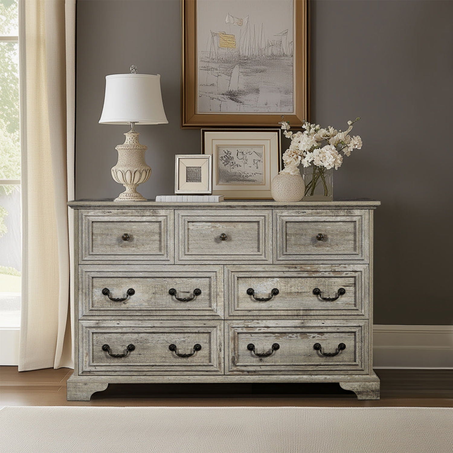 Farmhouse Vintage 7 Drawers Dresser With Natural Texture