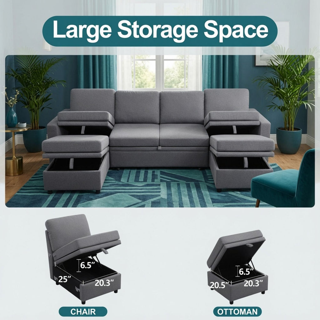 Extra Wide U - Shape Convertible Sleeper Sofa Bed With Dual Storage Ottoman
