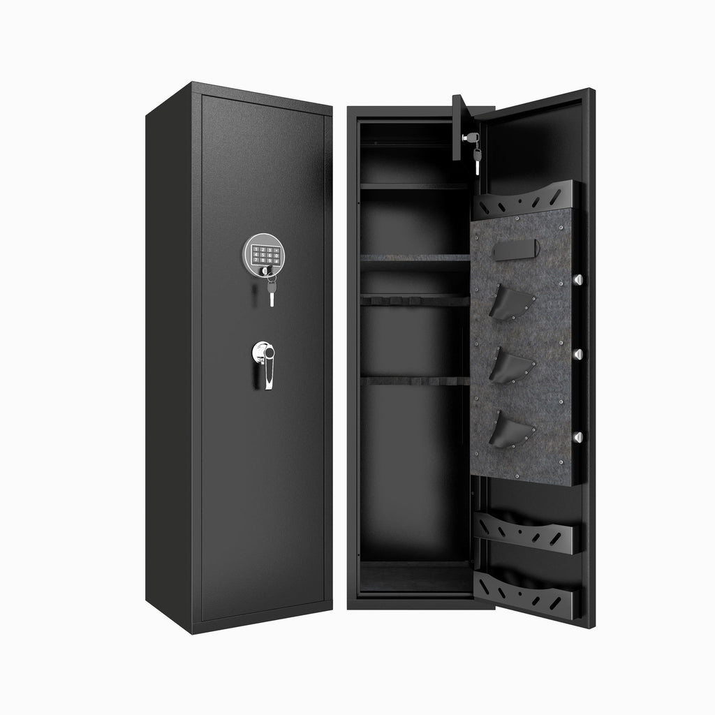 Large Capacity Mechanical Gun Safe For Rifles & Handguns, Digital Password Lock, Built In Independent Lock Box, Adjustable Shelves - Black