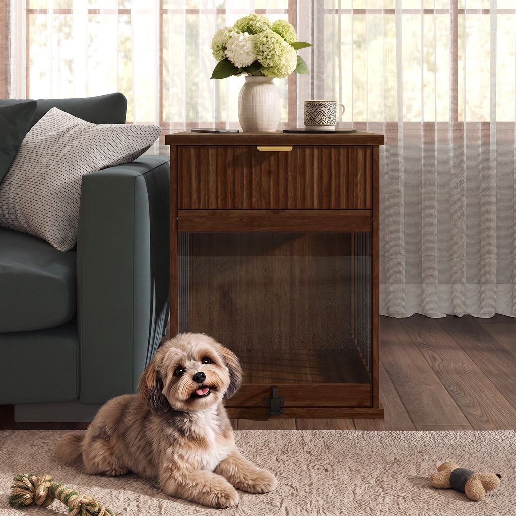Dog Crate End Table With Charging Station - Antique Brown