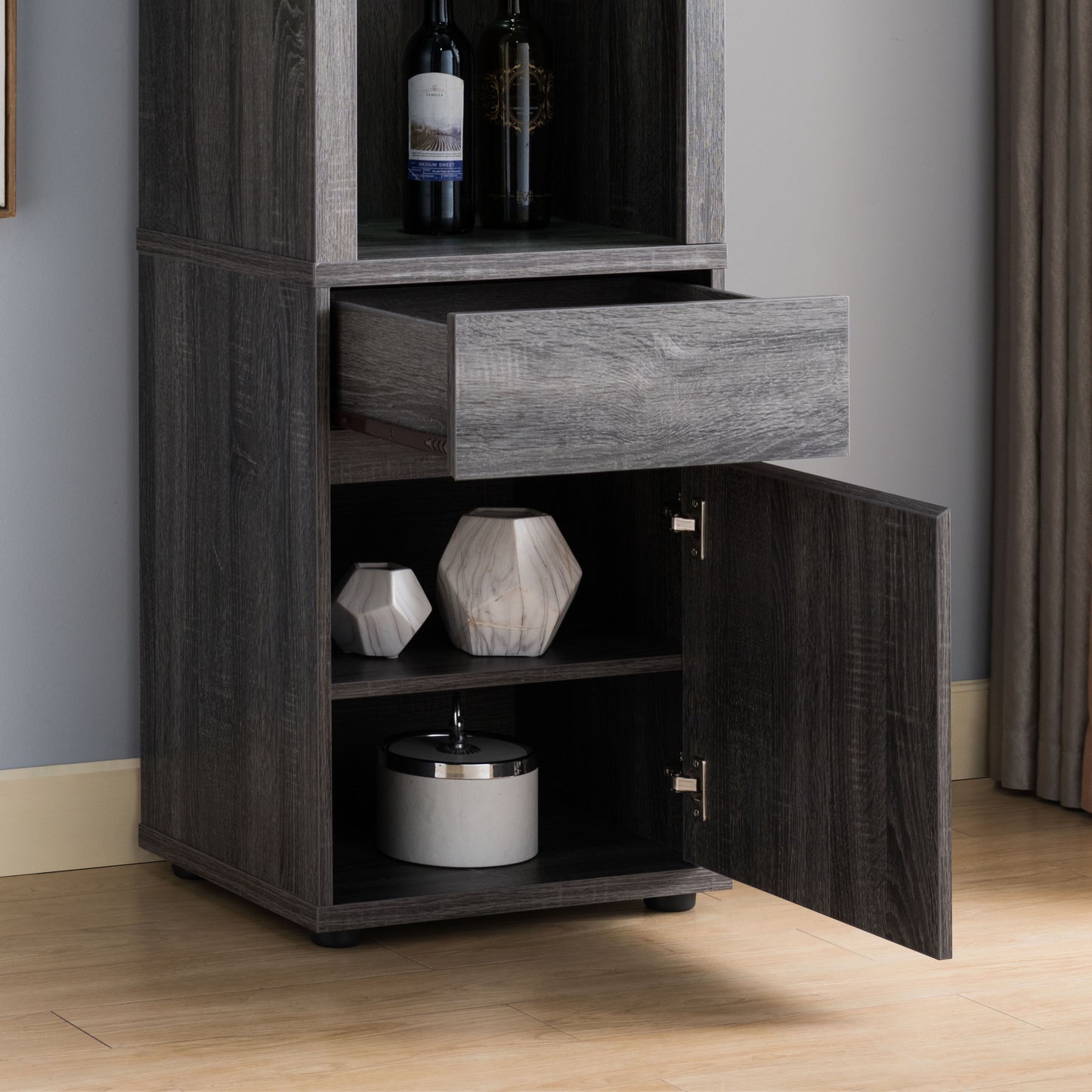 Modern Wine Showcasing Cabinet With Two Glass Shelves And Storage Cabinet - Distressed Grey