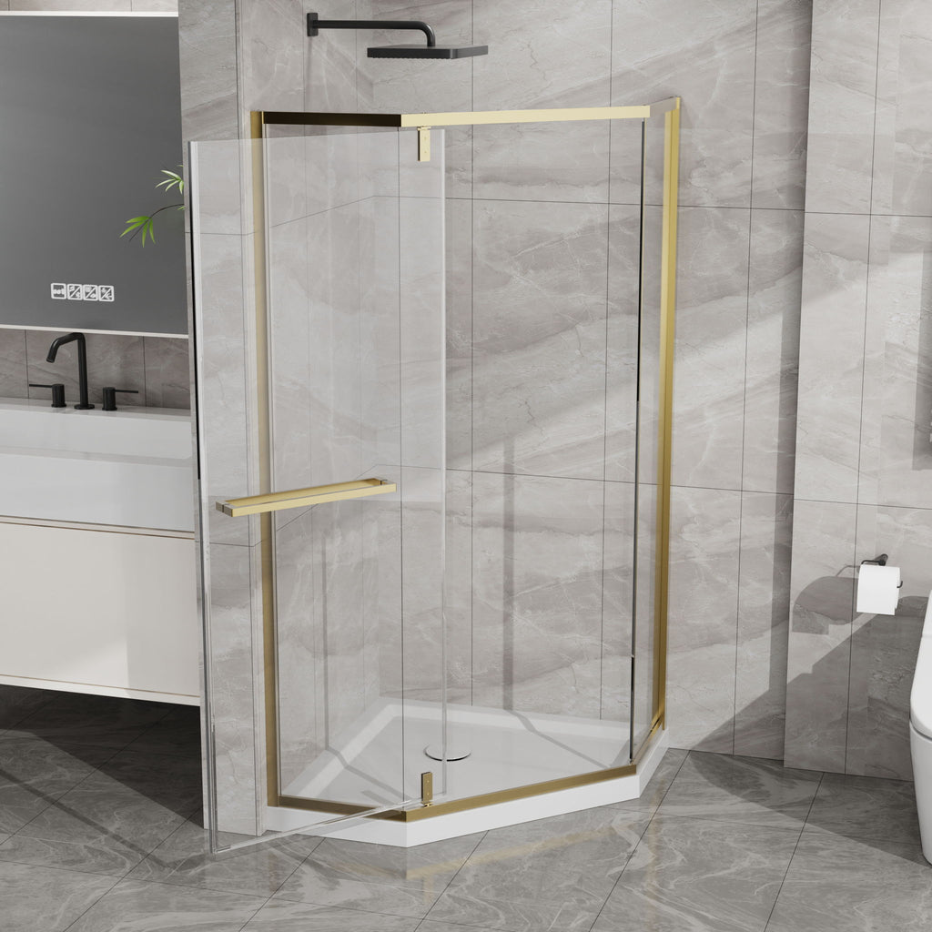 Goodyo - Neo-Angle Frameless Shower Door Corner Enclosure With Acrylic Shower Base Combo, Pivot Shower Door