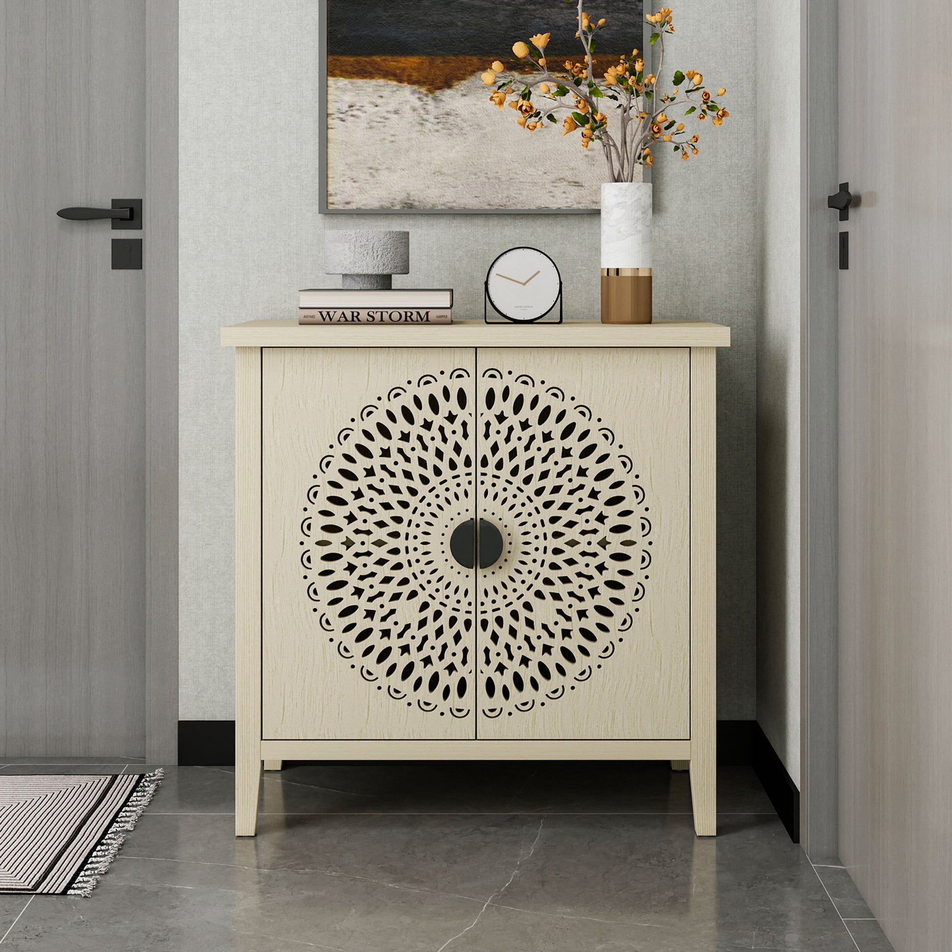 Hollow Carved 2 Door Accent Cabinet Sideboard Buffet Storage Cabinet With Adjustable Shelf For Entryway Living Room Bedroom - Natural