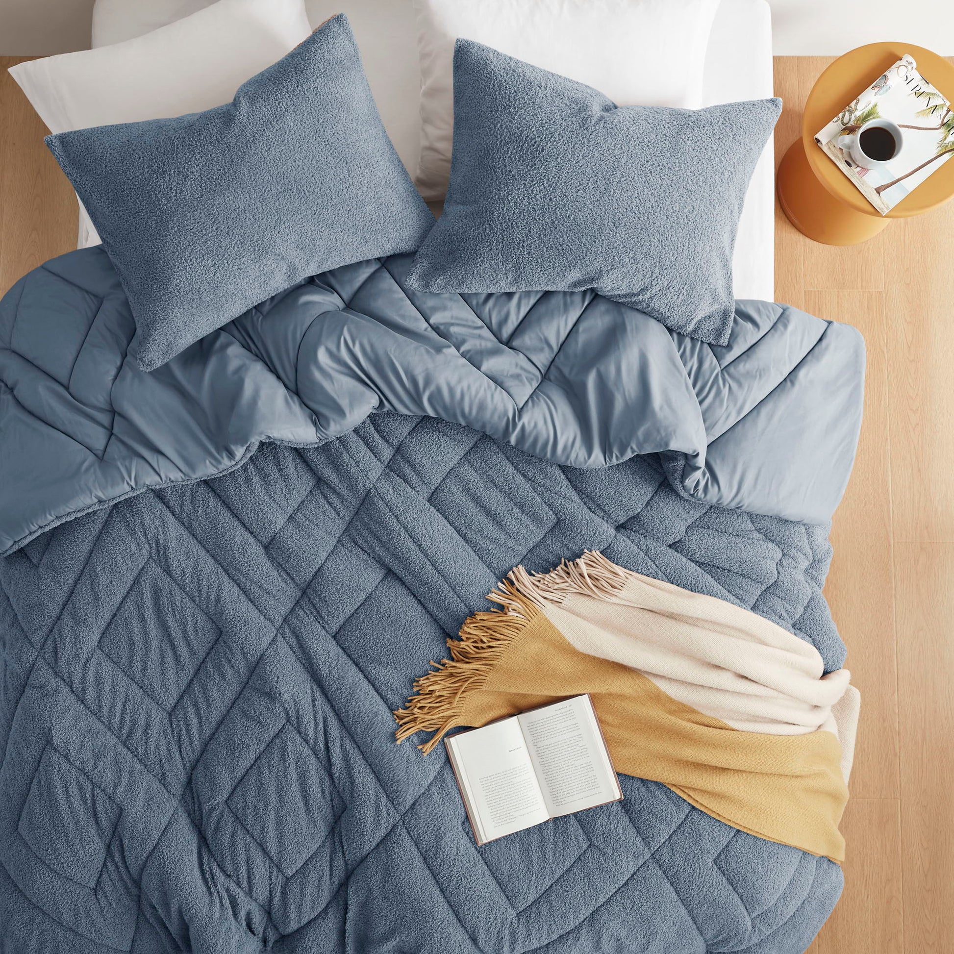 Kyla - Full/Queen Double Diamond Quilted Teddy Comforter Set - Blue