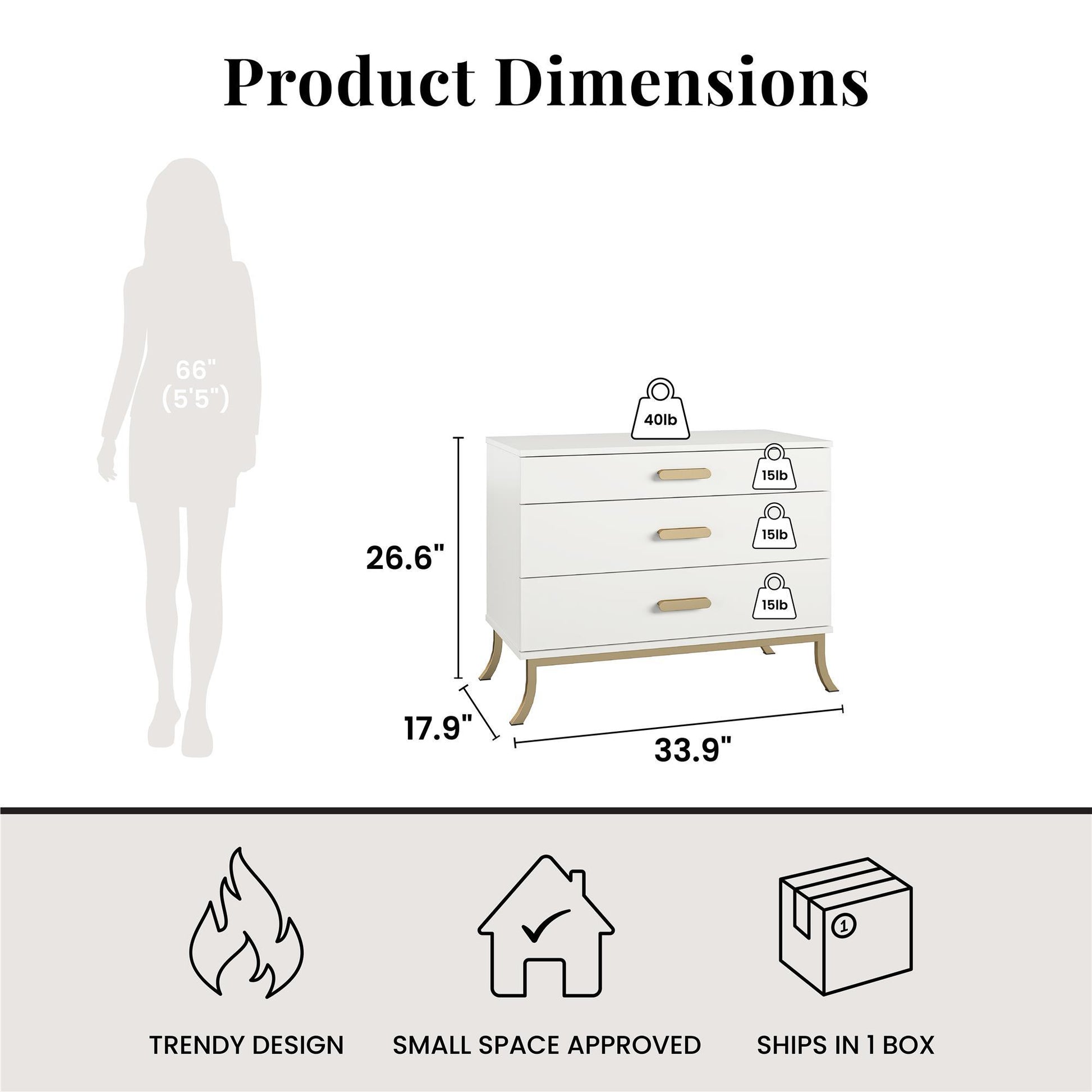 3 Drawer Dresser With Oval Handles - White / Gold