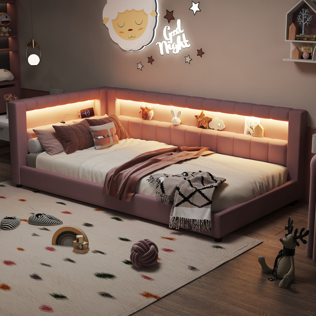 Upholstered Platform Bed With LED Belt And USB Ports