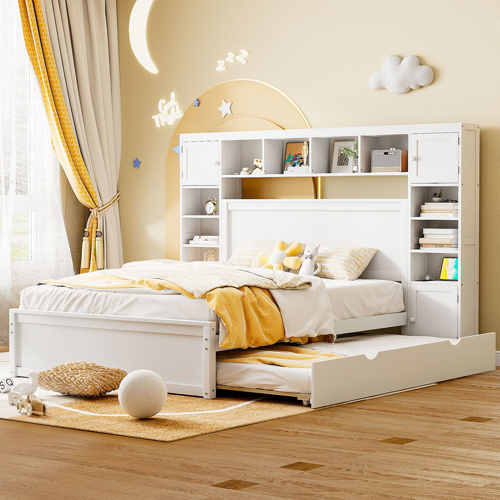 Bed With All In One Cabinet, Shelf And Sockets, Twin Long Trundle