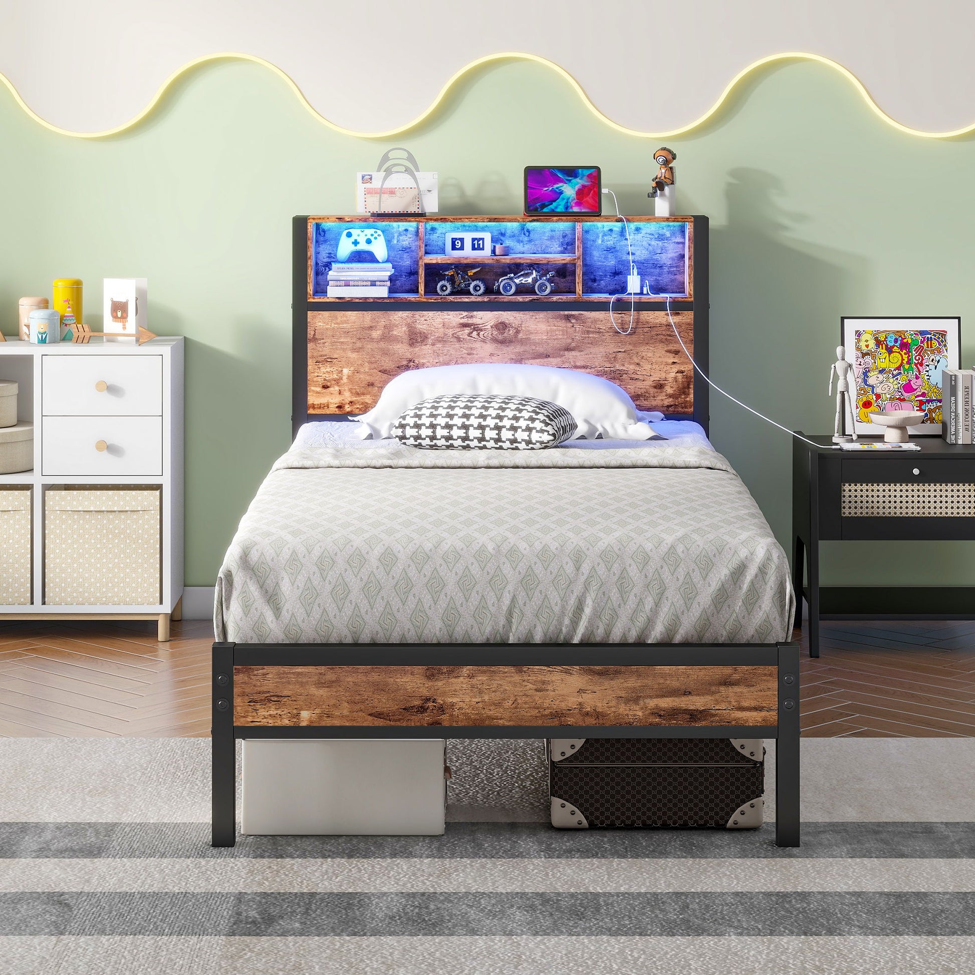 Modern Twin Size Metal Platform Bed Frame With Storage Headboard And Charging Station - Brown
