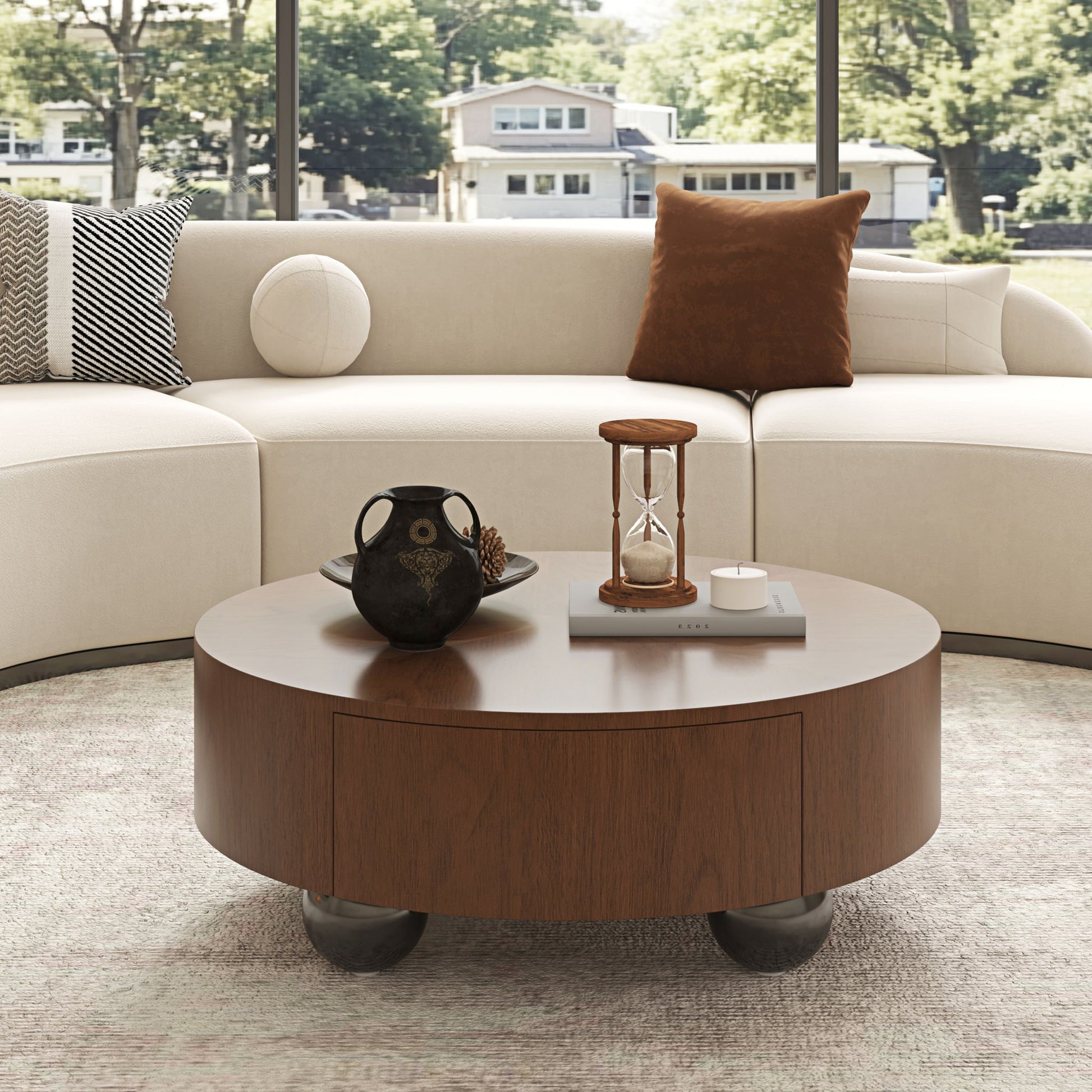 Drum Shaped Coffee Table With Hidden Storage Drawer, Low Profile For Living Room - Walnut