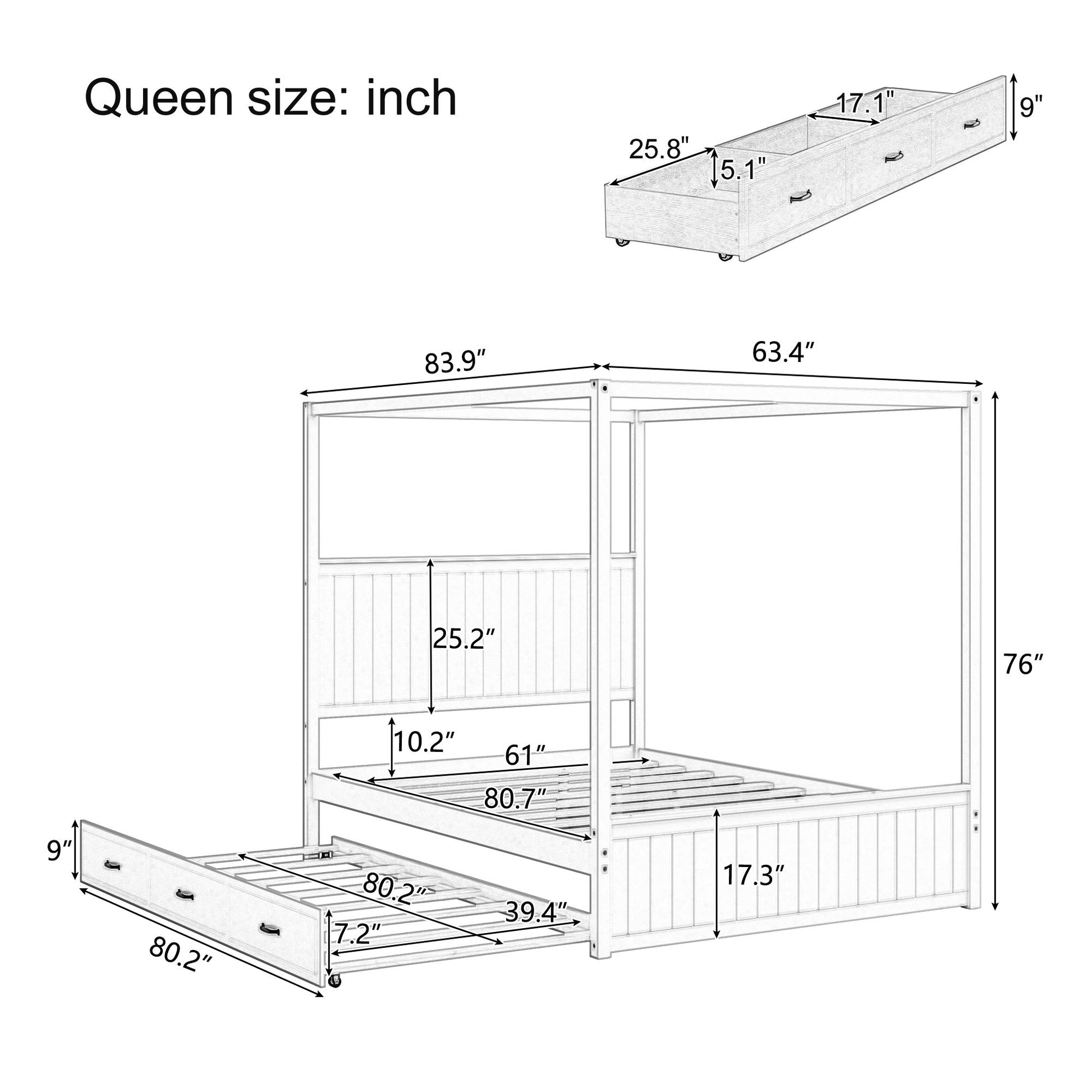 Canopy Platform Bed With Trundle And 3 Storage Drawers