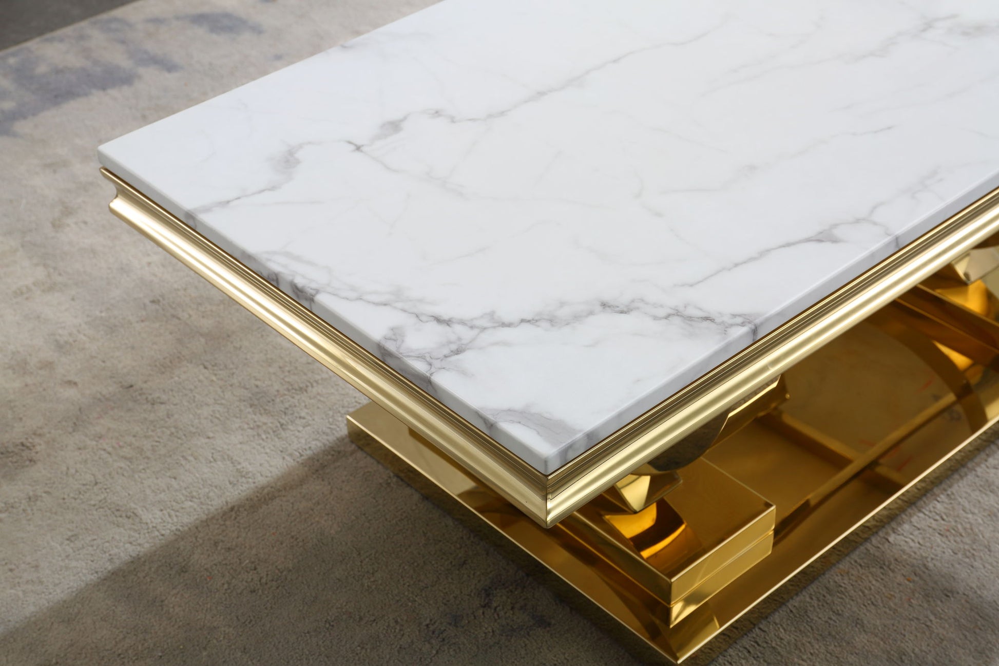 Modern Rectangular Marble Printing Coffee Table, U-Shape Stainless Steel Base With Mirrored Finish