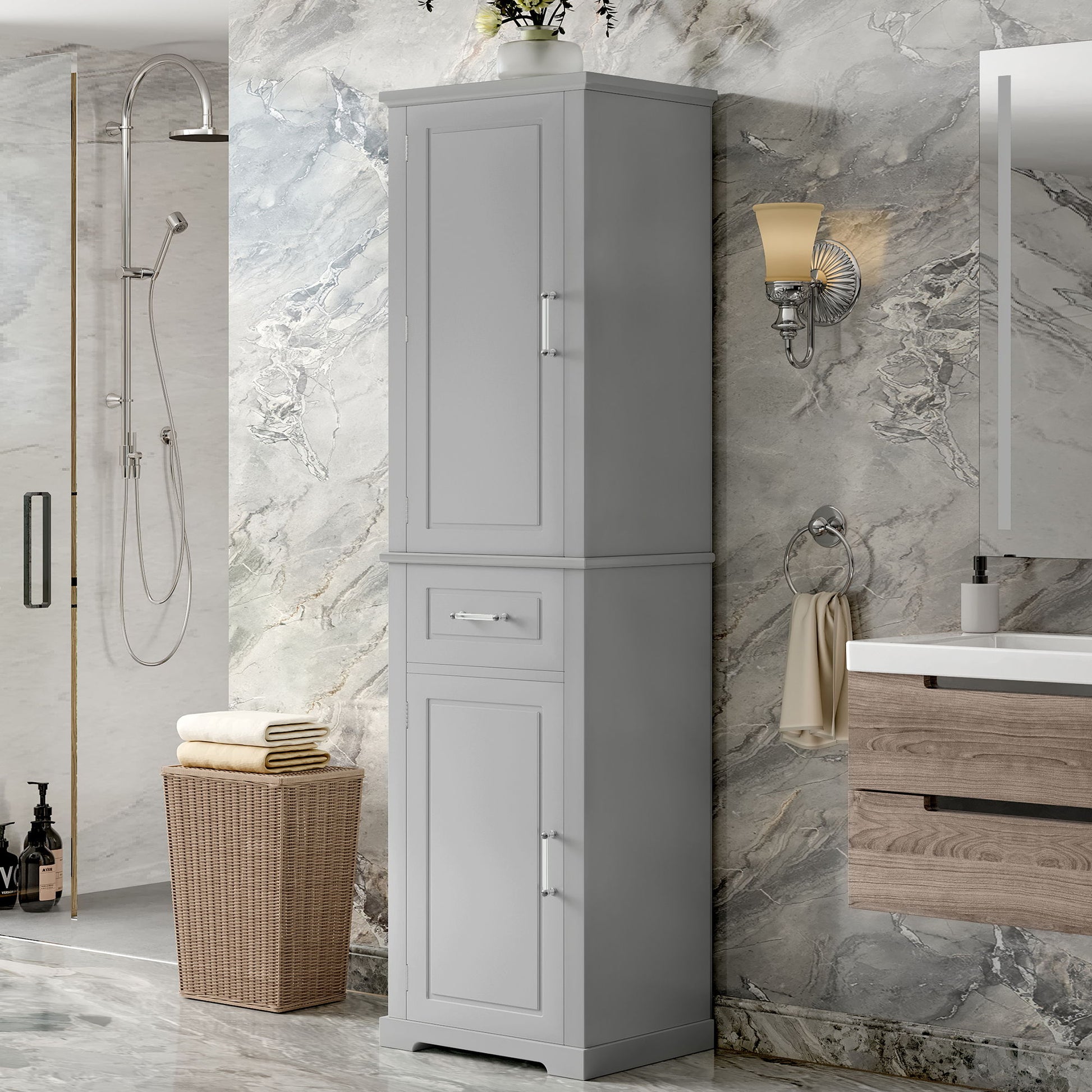 Tall Freestanding Bathroom Storage Cabinet With Adjustable Shelf, 2 Door Design
