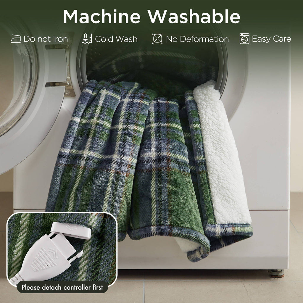 Print Plush To Sherpa - 50X60" Heated Throw - Green Plaid