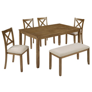 6 Piece Dining Table Set, Large Rectangular Table With Upholstered Bench & 4 X - Back Chairs, Kitchen Furniture - Oak