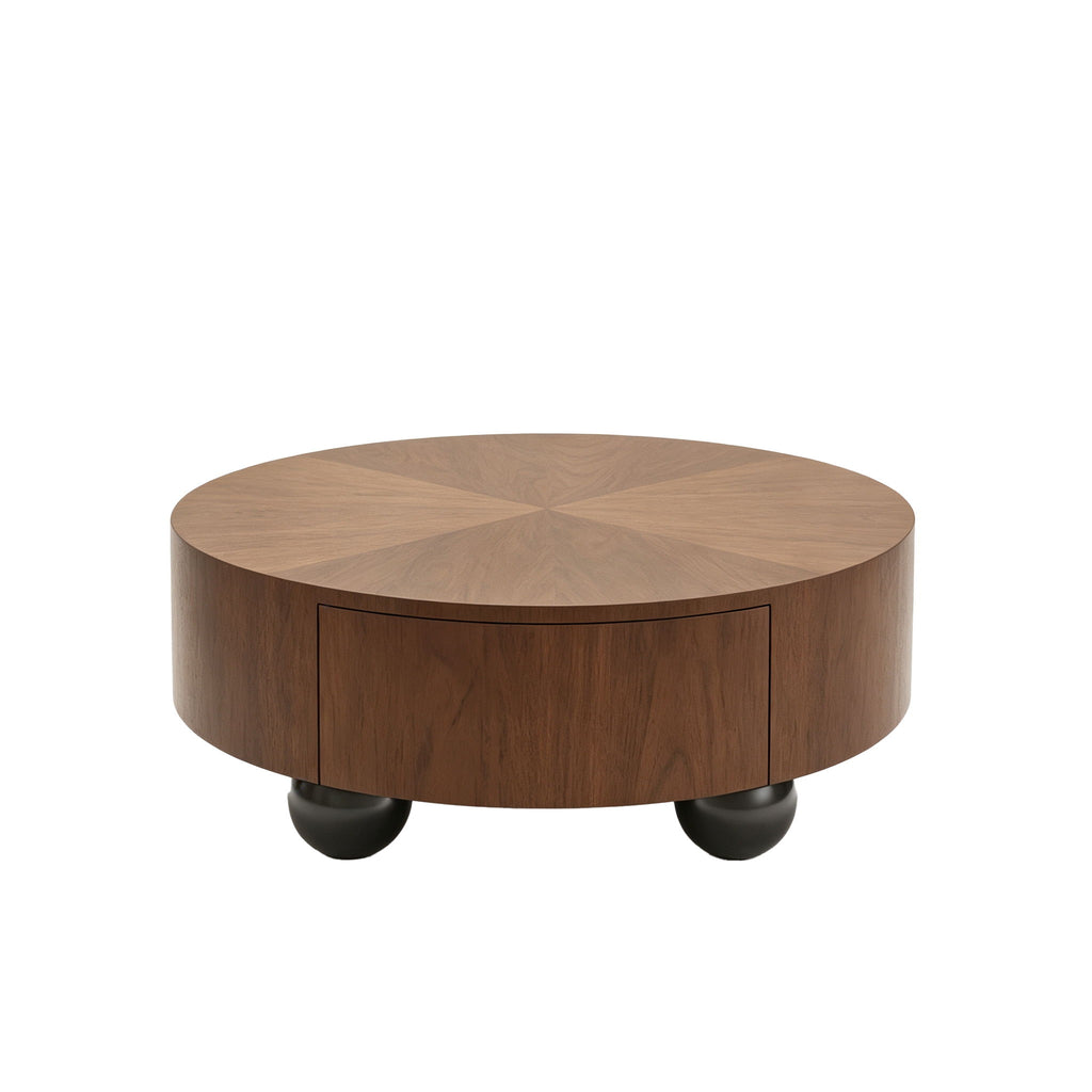 Drum Shaped Coffee Table With Hidden Storage Drawer, Low Profile For Living Room - Walnut
