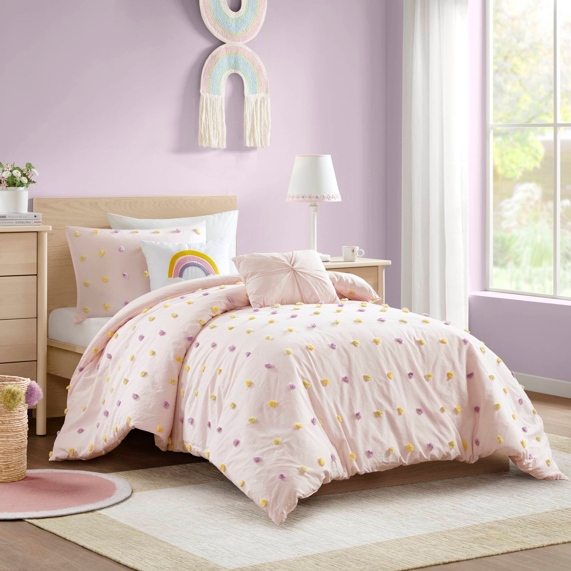 Callie - 4 Piece Twin/Twin Long Pom Pom Comforter Set - Pink Multi