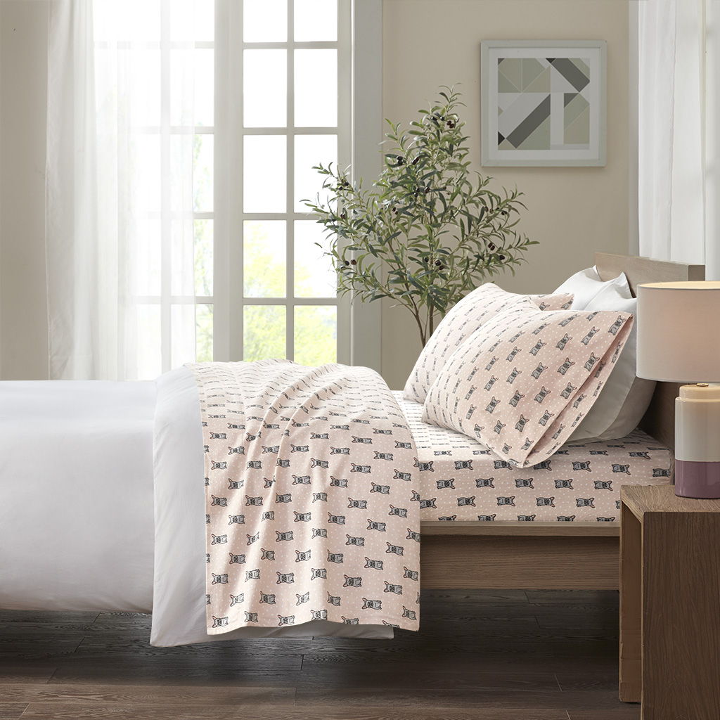 Cozy Flannel - Twin Long Printed Sheet Set - Pink French Bulldog