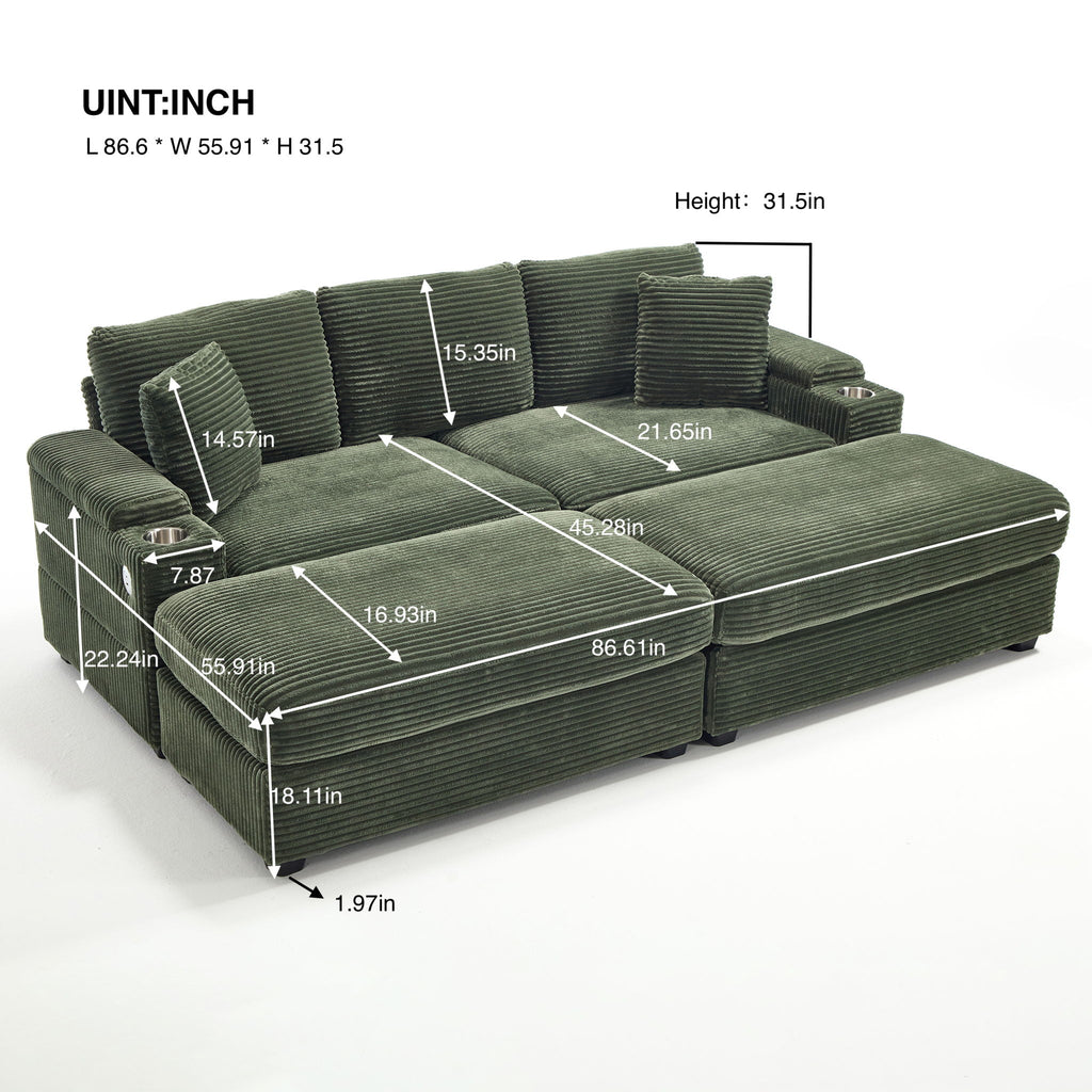Convertible Sectional Sofa Bed Set With Armrest Storage, Cup Holder, USB, 4 Seater - Green