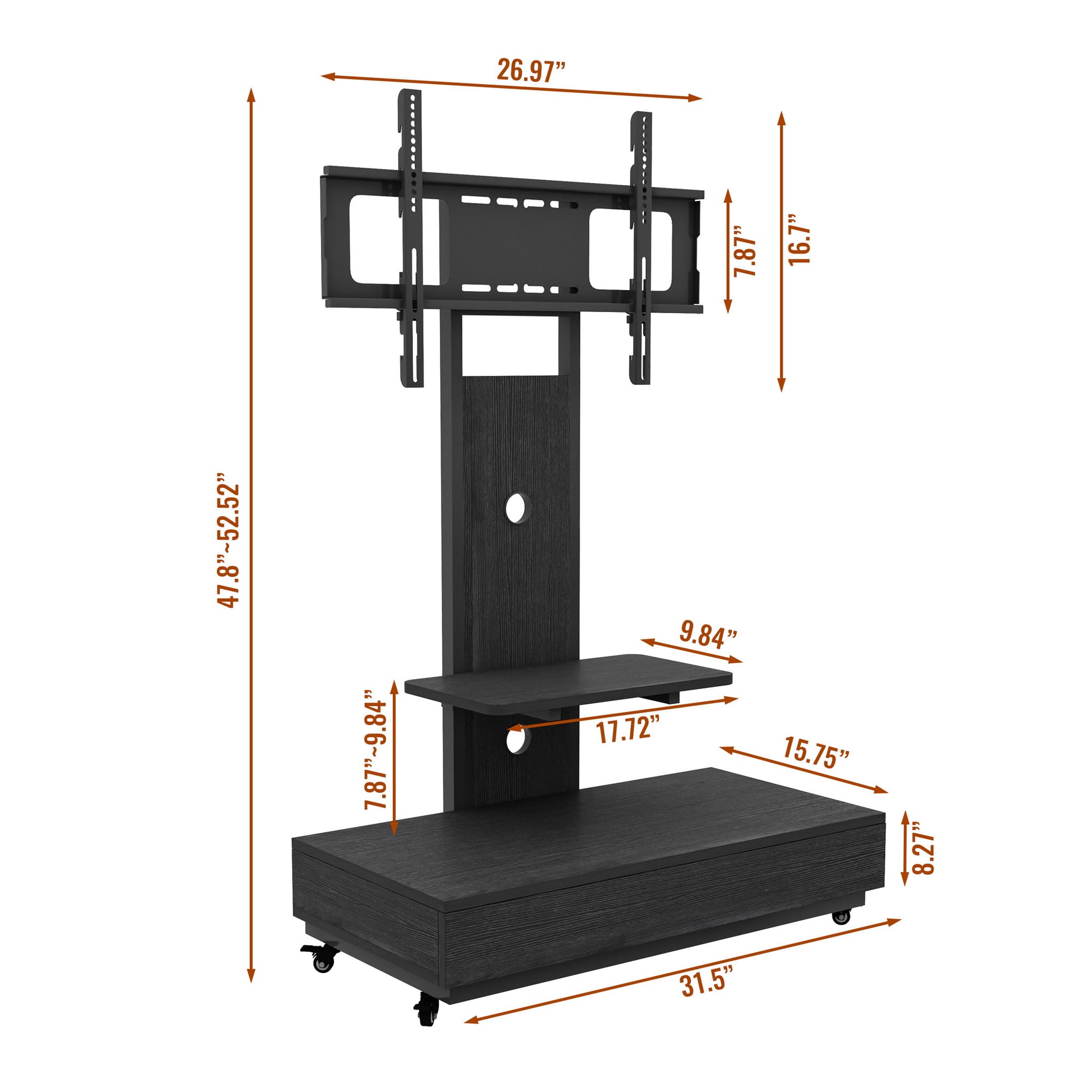 Mobile TV Cart With Push Pull Drawer, Lockable Wheels