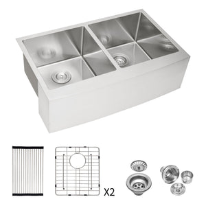 Double Bowl Farmhouse Sink, Stainless Steel Apron Front Kitchen Sink 16 Gauge - Brushed Nickel