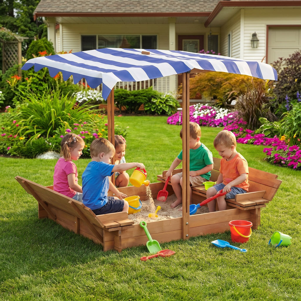 Kids Sandbox With Adjustable Cover, Sand Box With 2 Foldable Bench Seats, Outdoor Sandpit For Backyard Play - Light Brown