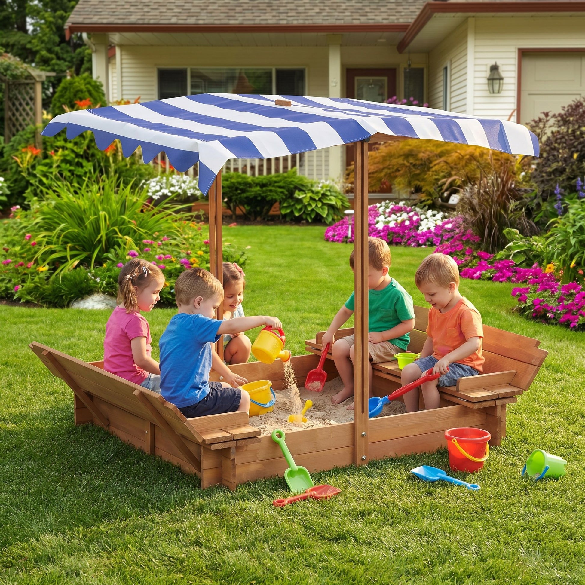 Kids Sandbox With Adjustable Cover, Sand Box With 2 Foldable Bench Seats, Outdoor Sandpit For Backyard Play - Light Brown