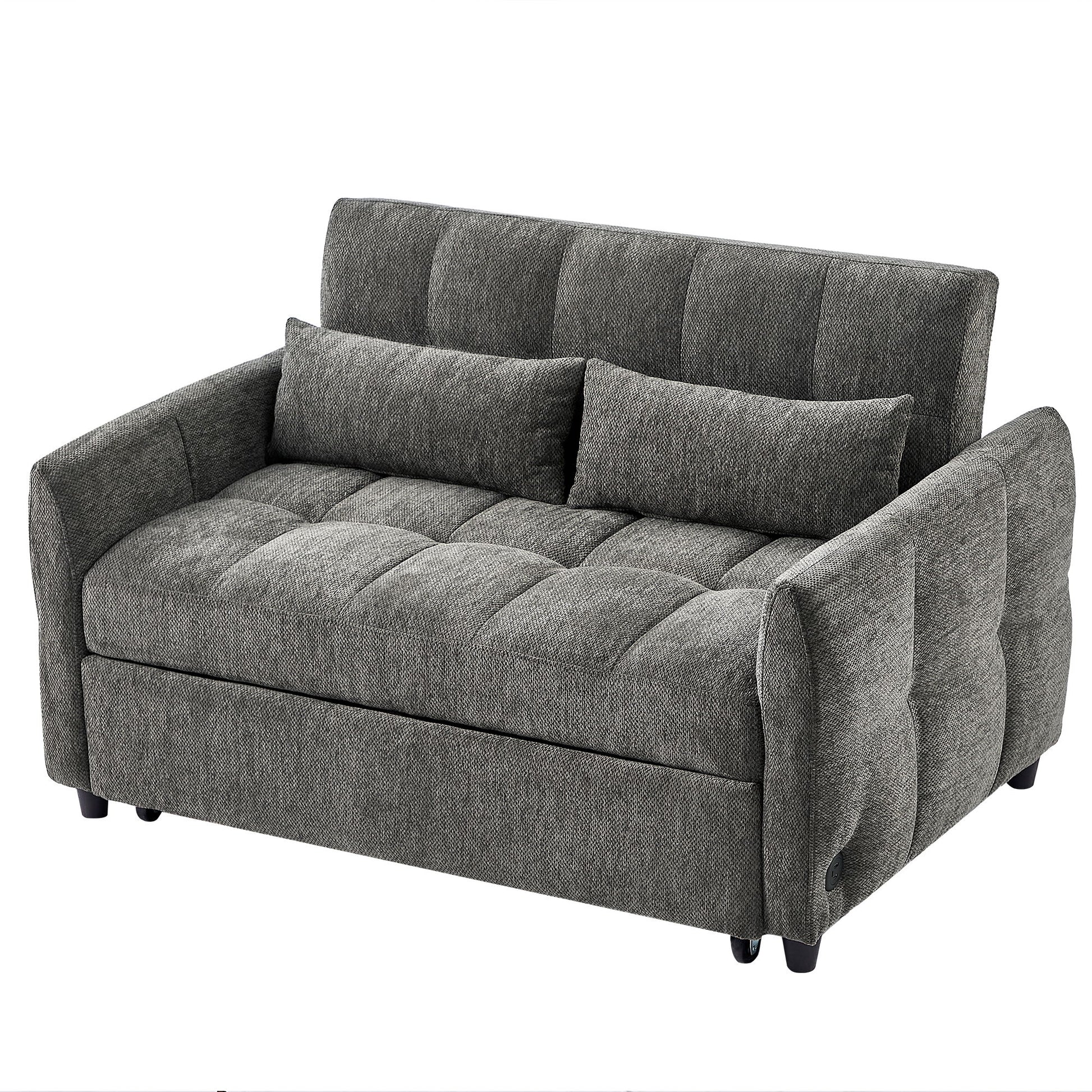 Loveseat Sofa Pull-Out Bed With Adjustable Backrest, 3 USB Ports And 2 Lumbar Pillows For Living Room
