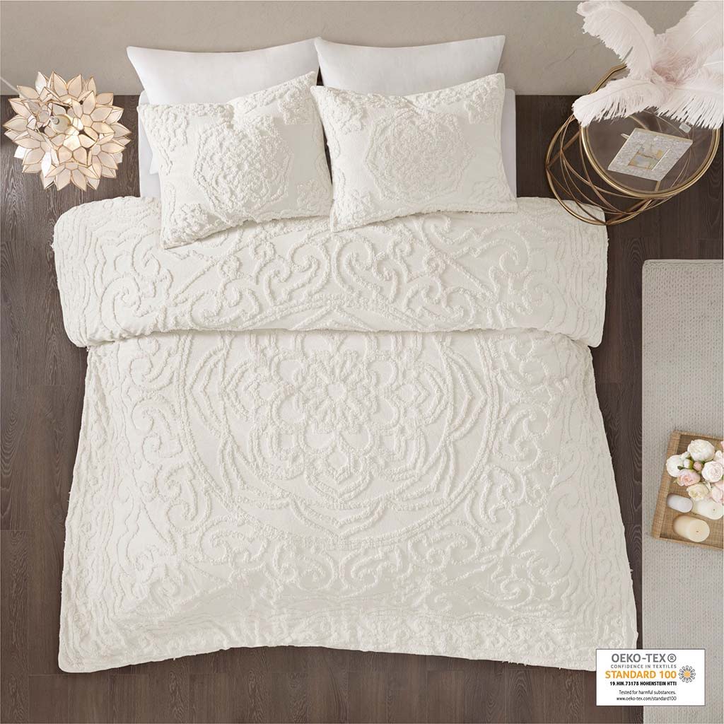 Laetitia - King 3 Piece Tufted Medallion Duvet Cover Set - Off White