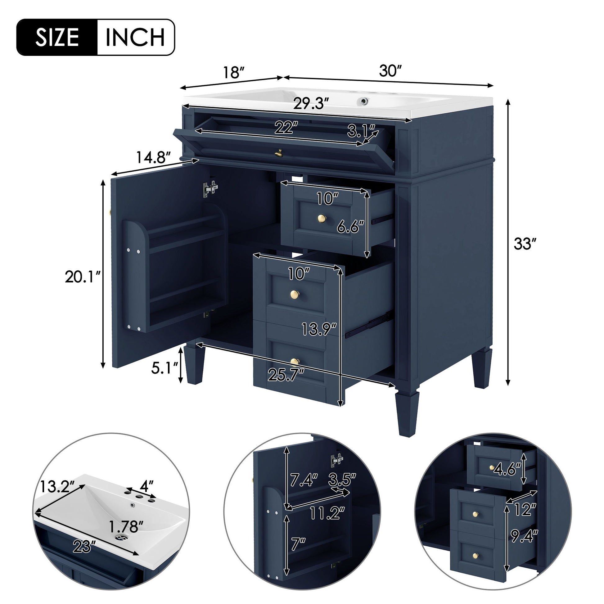 Bathroom Vanity With Top Sink, 2 Drawers And Tip Out Drawer, Rectangular Design