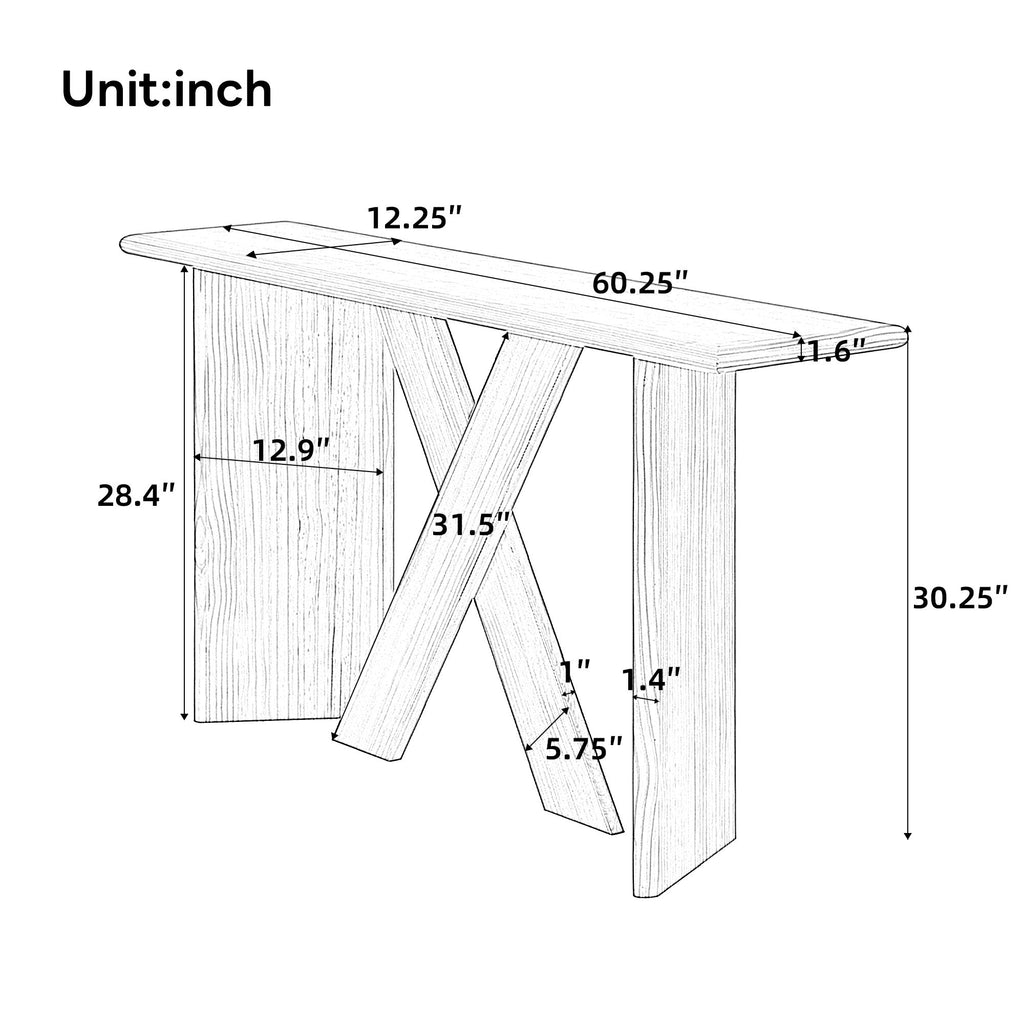X-Frame Console Table, Angled Cross Leg Design, Rounded Edges - Natural