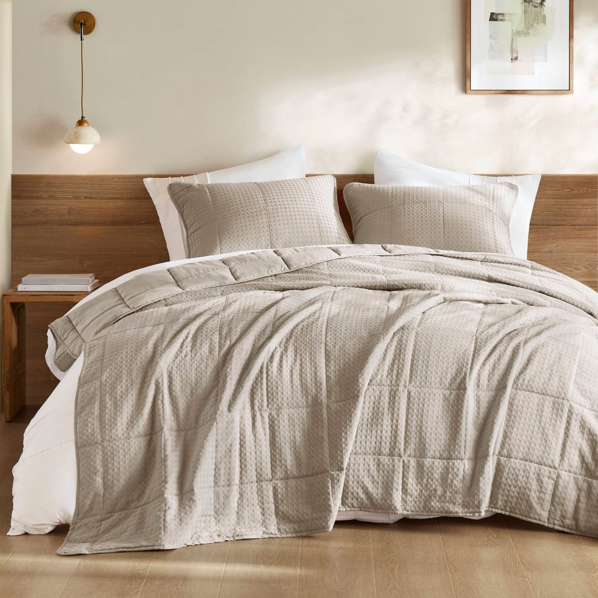 Mina - Full/Queen Waffle Weave Textured Quilt Set - Neutral