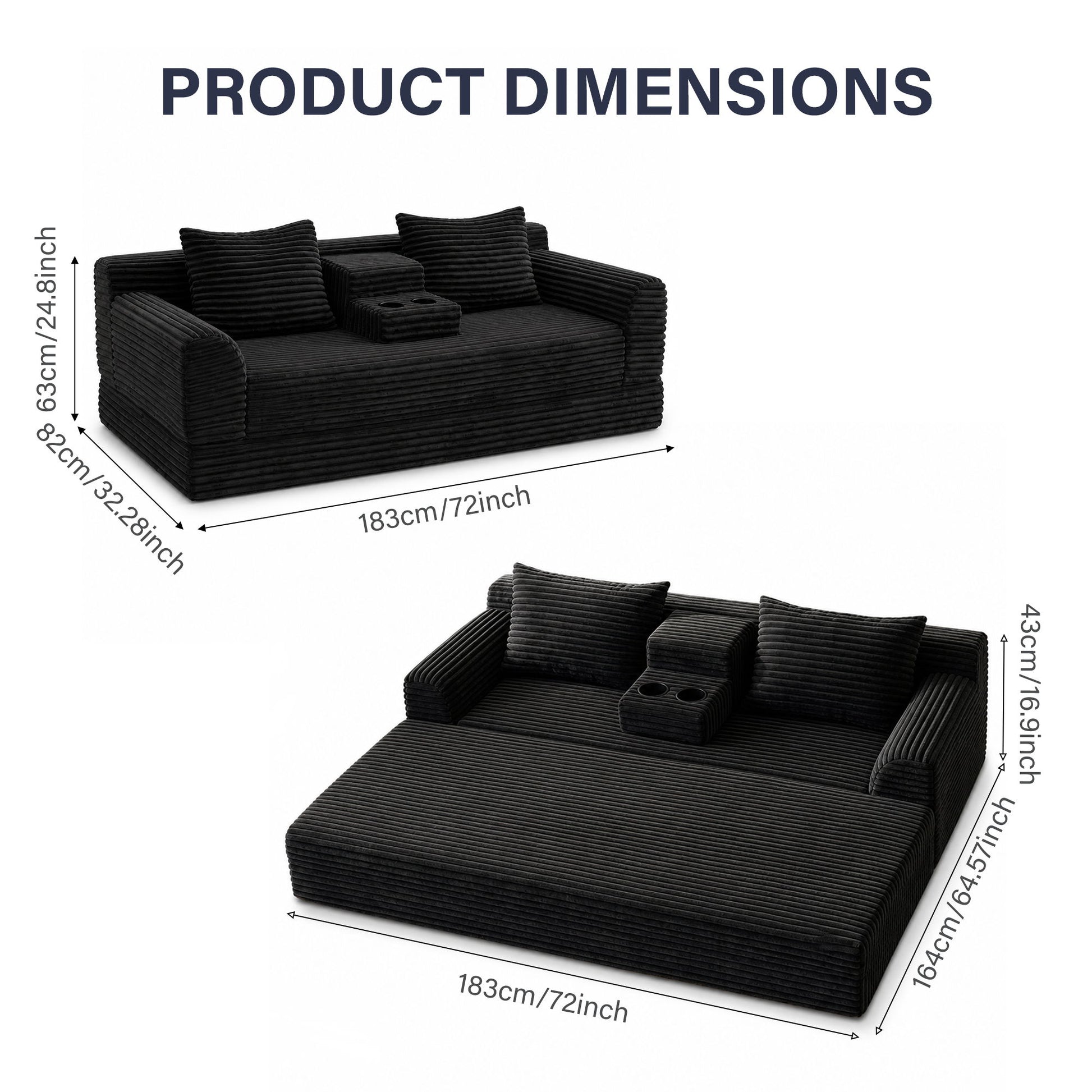 Soft Striped Convertible Sofa Bed, Dual Use Lounge Couch With Cup Holders And Pillows