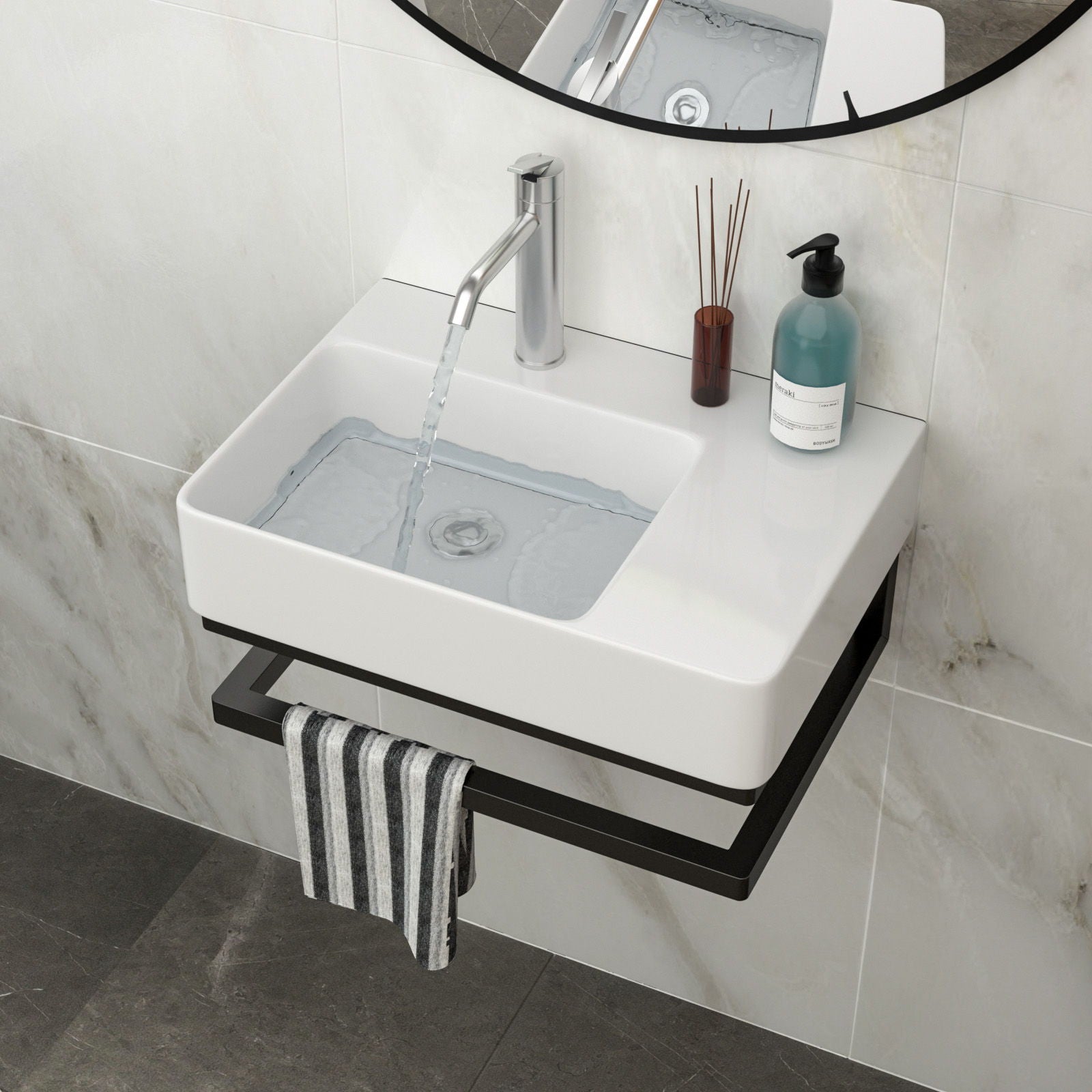 Wall Mounted Rectangular Bathroom Sink With Towel Bar And Faucet Hole - White