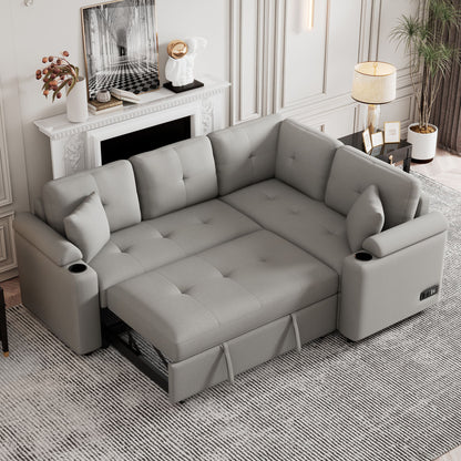 L-Shape Sofa Bed Pull-Out Sleeper Sofa With Wheels, USB Ports, Power Sockets For Living Room