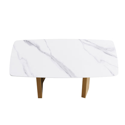 70.87" Modern Artificial Stone White Curved Metal Leg Dining Table - White / Gold