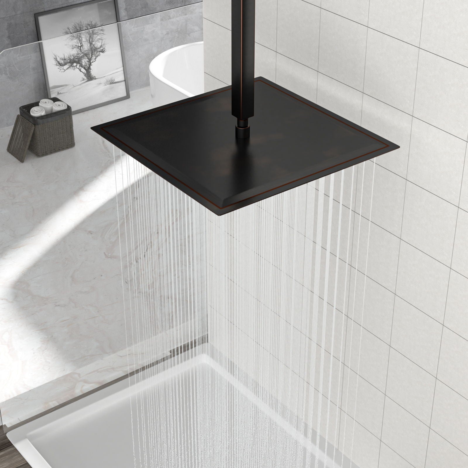 16" Square Rainfall Shower Head Fixed Wall Mount With Full Body Coverage & Self Cleaning Silicone Nozzles