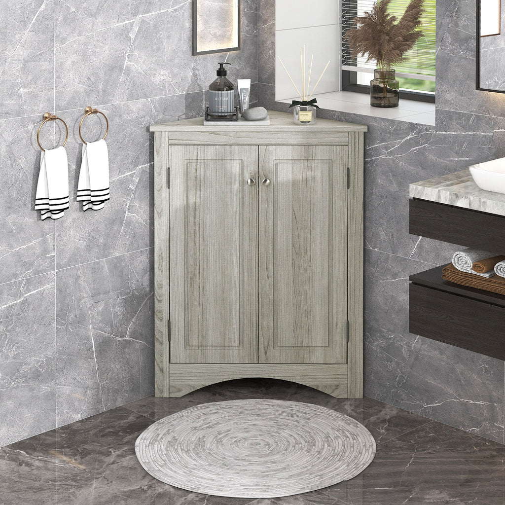 Triangle Bathroom Storage Cabinet With Adjustable Shelves, Freestanding Floor Cabinet - Oak