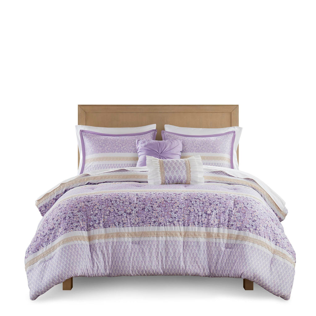 Caralie - Full/Queen 5 Piece Seersucker Comforter Set With Throw Pillows - Purple