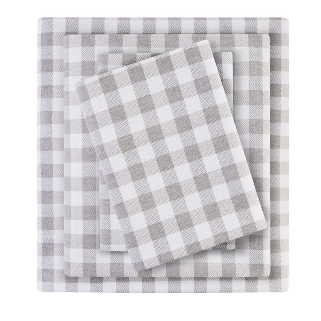 Cozy Flannel - 4 Piece Full Printed Sheet Set - Gray Herringbone Check