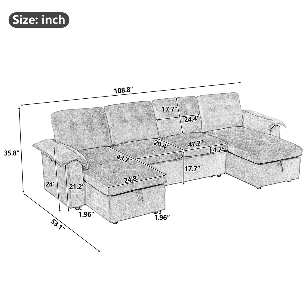 Modern U-Shaped Sleeper Sectional Sofa Bed With USB Ports, Cup Holder, And Hidden Storage