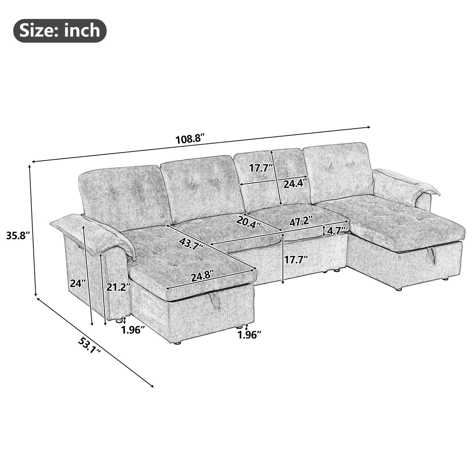Modern U-Shaped Sleeper Sectional Sofa Bed With USB Ports, Cup Holder, And Hidden Storage