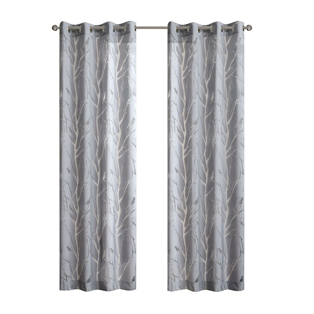 Averil - 84" Grommet Top Sheer Bird On Branches Burnout Window Curtain - Gray