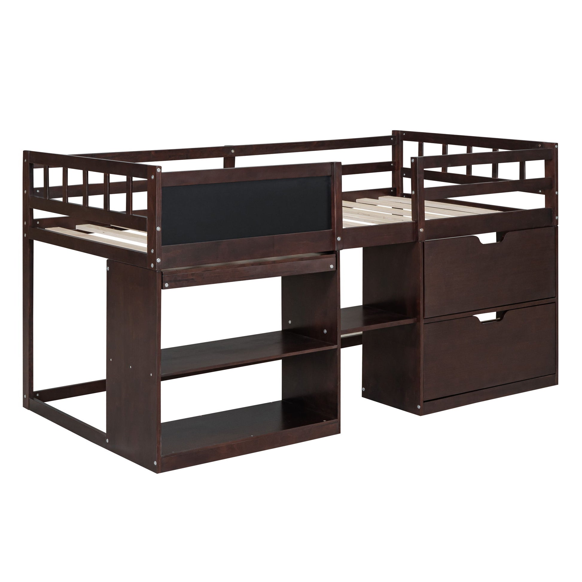 Low Loft Bed With Rolling Desk, Shelf And Drawers