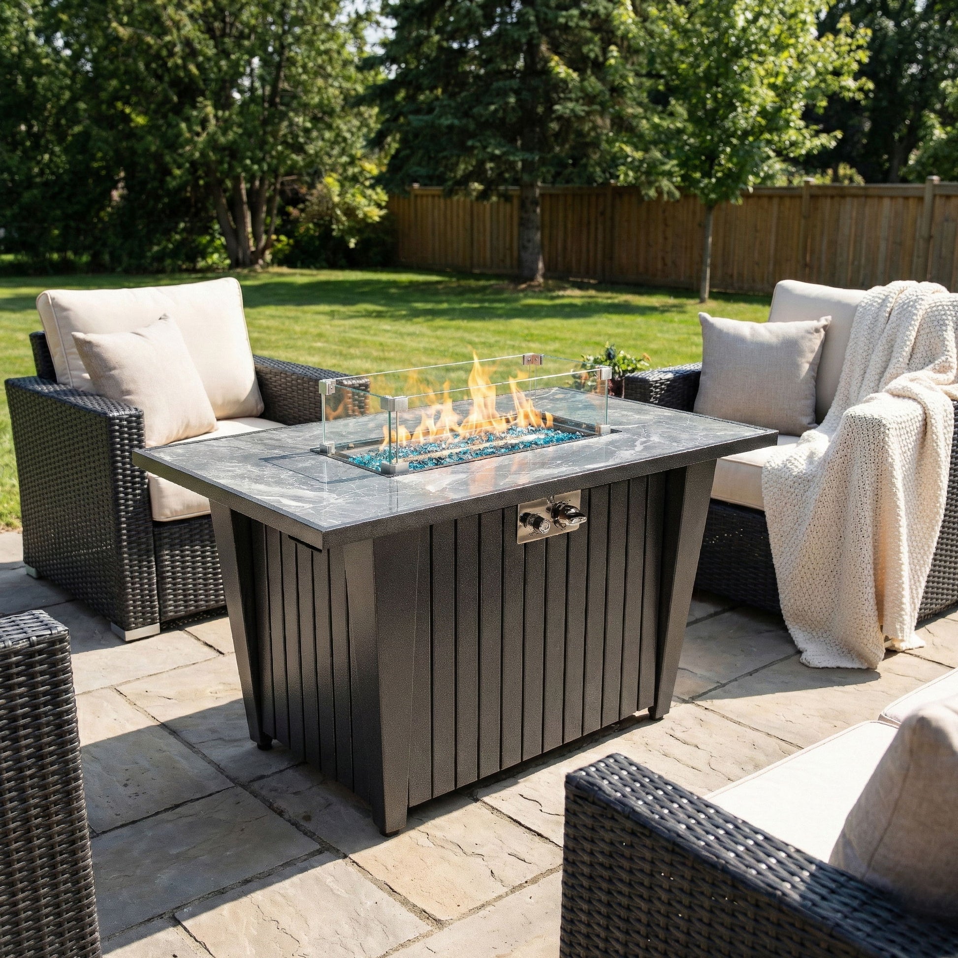 Morden Steel Fire Pit Table With Marble Tile Tabletop, Glass Wind Guard And Lid